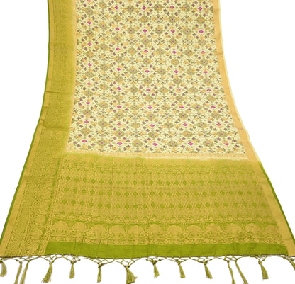 Vintage Heavy Sari Green & Ivory Hand Woven Printed Artificial Silk Sarees Zari 5Yd Floral Craft Fabric Dress making Crafting Quilting