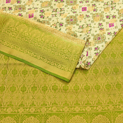 Vintage Heavy Sari Green & Ivory Hand Woven Printed Artificial Silk Sarees Zari 5Yd Floral Craft Fabric Dress making Crafting Quilting