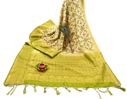 Vintage Heavy Sari Green & Ivory Hand Woven Printed Artificial Silk Sarees Zari 5Yd Floral Craft Fabric Dress making Crafting Quilting