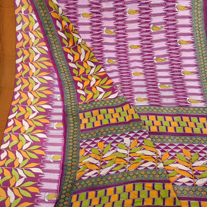 Vintage Printed Pure Cotton Saree 5 Yard Purple Green Yellow Fabric Indian Ethnic Block Print Textile for Sewing & Dressmaking