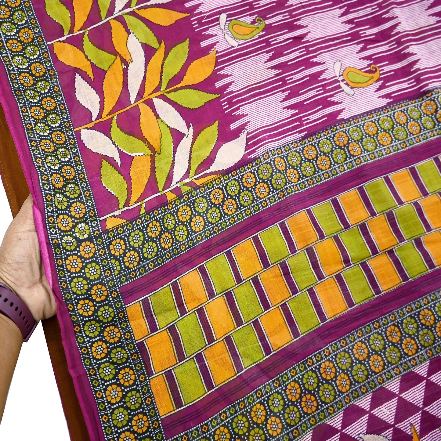 Vintage Printed Pure Cotton Saree 5 Yard Purple Green Yellow Fabric Indian Ethnic Block Print Textile for Sewing & Dressmaking