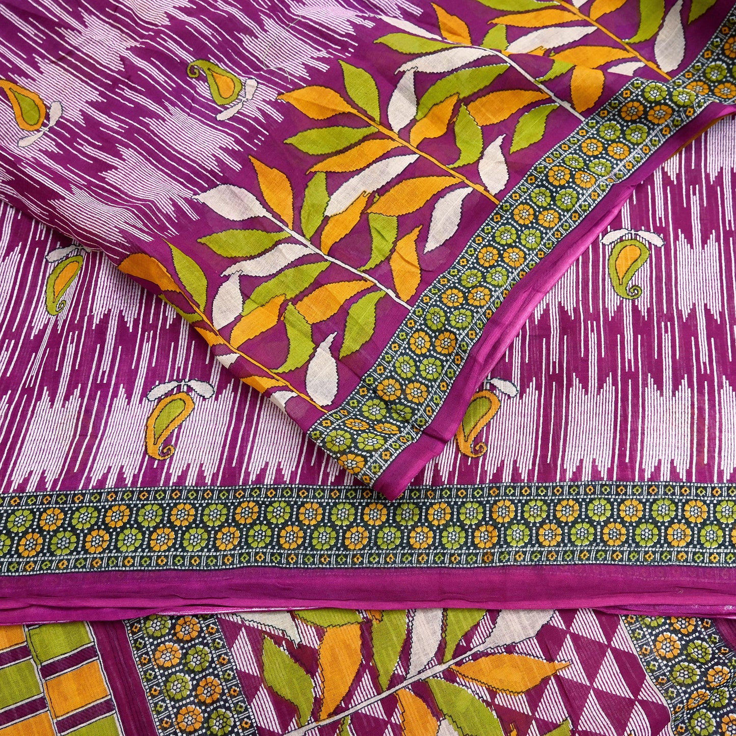 Vintage Printed Pure Cotton Saree 5 Yard Purple Green Yellow Fabric Indian Ethnic Block Print Textile for Sewing & Dressmaking