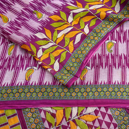 Vintage Printed Pure Cotton Saree 5 Yard Purple Green Yellow Fabric Indian Ethnic Block Print Textile for Sewing & Dressmaking