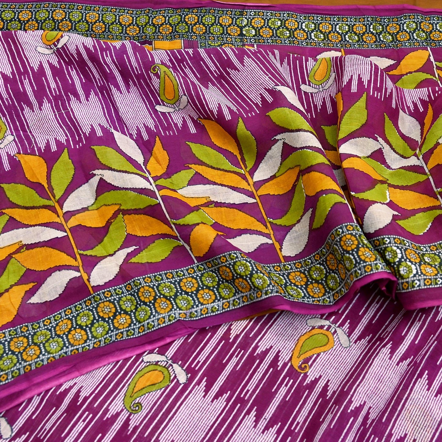 Vintage Printed Pure Cotton Saree 5 Yard Purple Green Yellow Fabric Indian Ethnic Block Print Textile for Sewing & Dressmaking