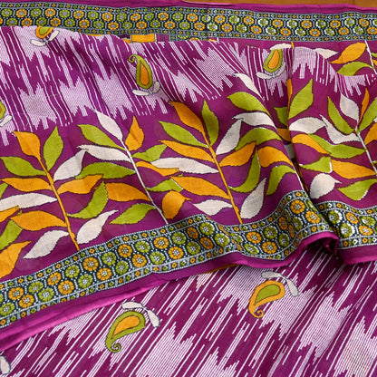 Vintage Printed Pure Cotton Saree 5 Yard Purple Green Yellow Fabric Indian Ethnic Block Print Textile for Sewing & Dressmaking