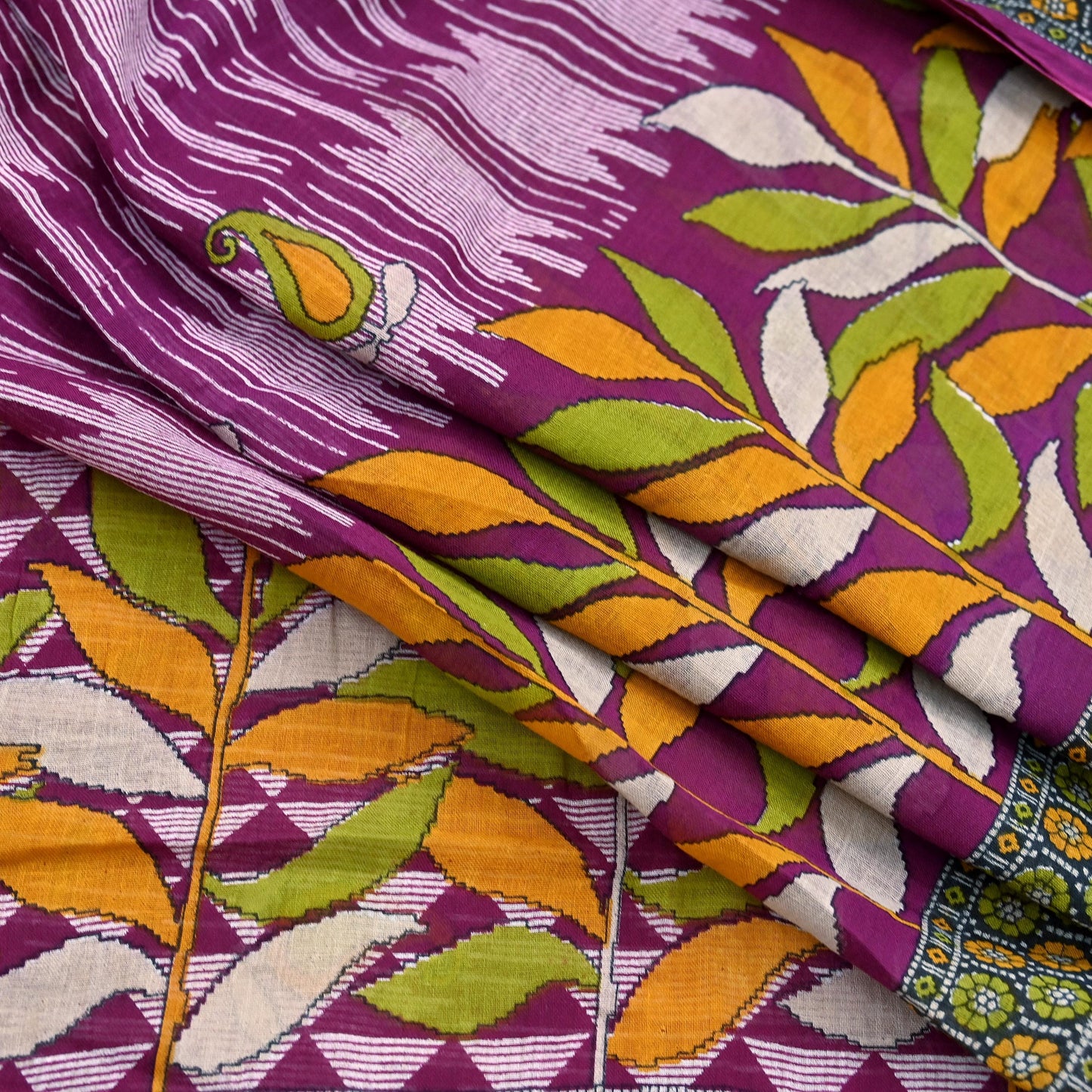 Vintage Printed Pure Cotton Saree 5 Yard Purple Green Yellow Fabric Indian Ethnic Block Print Textile for Sewing & Dressmaking