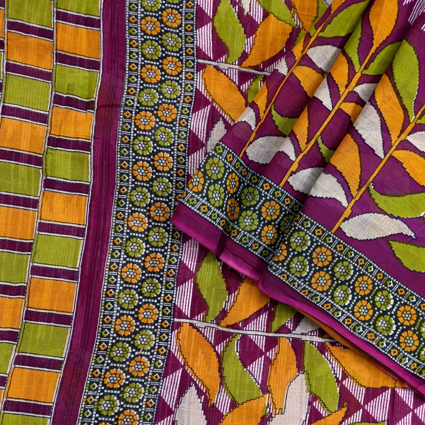 Vintage Printed Pure Cotton Saree 5 Yard Purple Green Yellow Fabric Indian Ethnic Block Print Textile for Sewing & Dressmaking