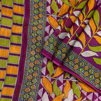 Vintage Printed Pure Cotton Saree 5 Yard Purple Green Yellow Fabric Indian Ethnic Block Print Textile for Sewing & Dressmaking