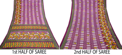 Vintage Printed Pure Cotton Saree 5 Yard Purple Green Yellow Fabric Indian Ethnic Block Print Textile for Sewing & Dressmaking