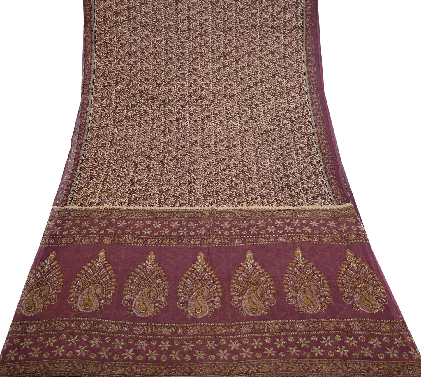 Vintage Maroon Beige Printed Pure Cotton Saree 5 Yard Floral Paisley Fabric Indian Ethnic Textile for Sewing, Dressmaking & Crafts