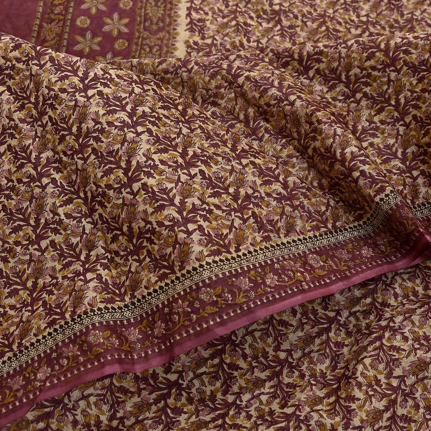 Vintage Maroon Beige Printed Pure Cotton Saree 5 Yard Floral Paisley Fabric Indian Ethnic Textile for Sewing, Dressmaking & Crafts