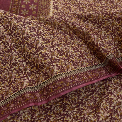 Vintage Maroon Beige Printed Pure Cotton Saree 5 Yard Floral Paisley Fabric Indian Ethnic Textile for Sewing, Dressmaking & Crafts