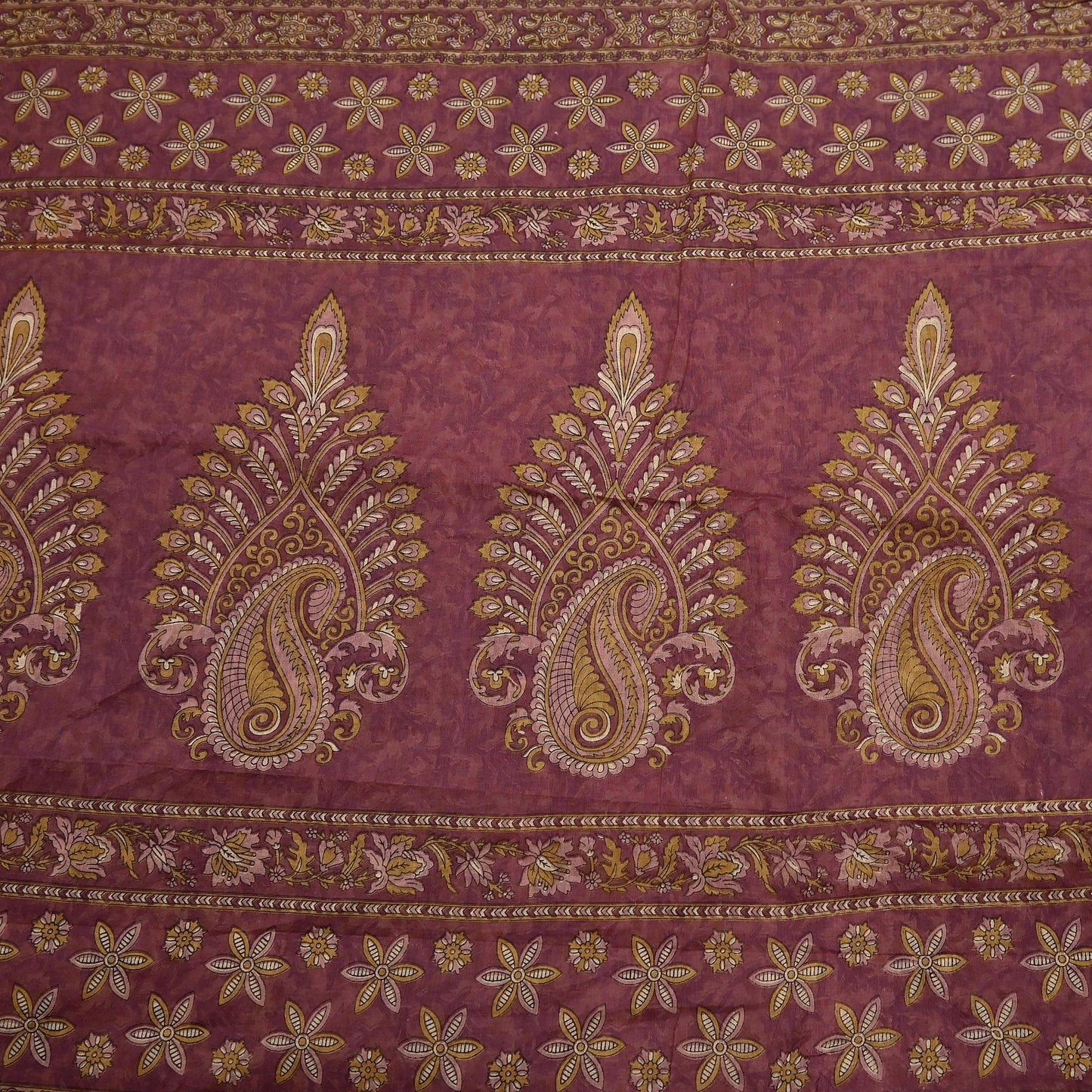 Vintage Maroon Beige Printed Pure Cotton Saree 5 Yard Floral Paisley Fabric Indian Ethnic Textile for Sewing, Dressmaking & Crafts