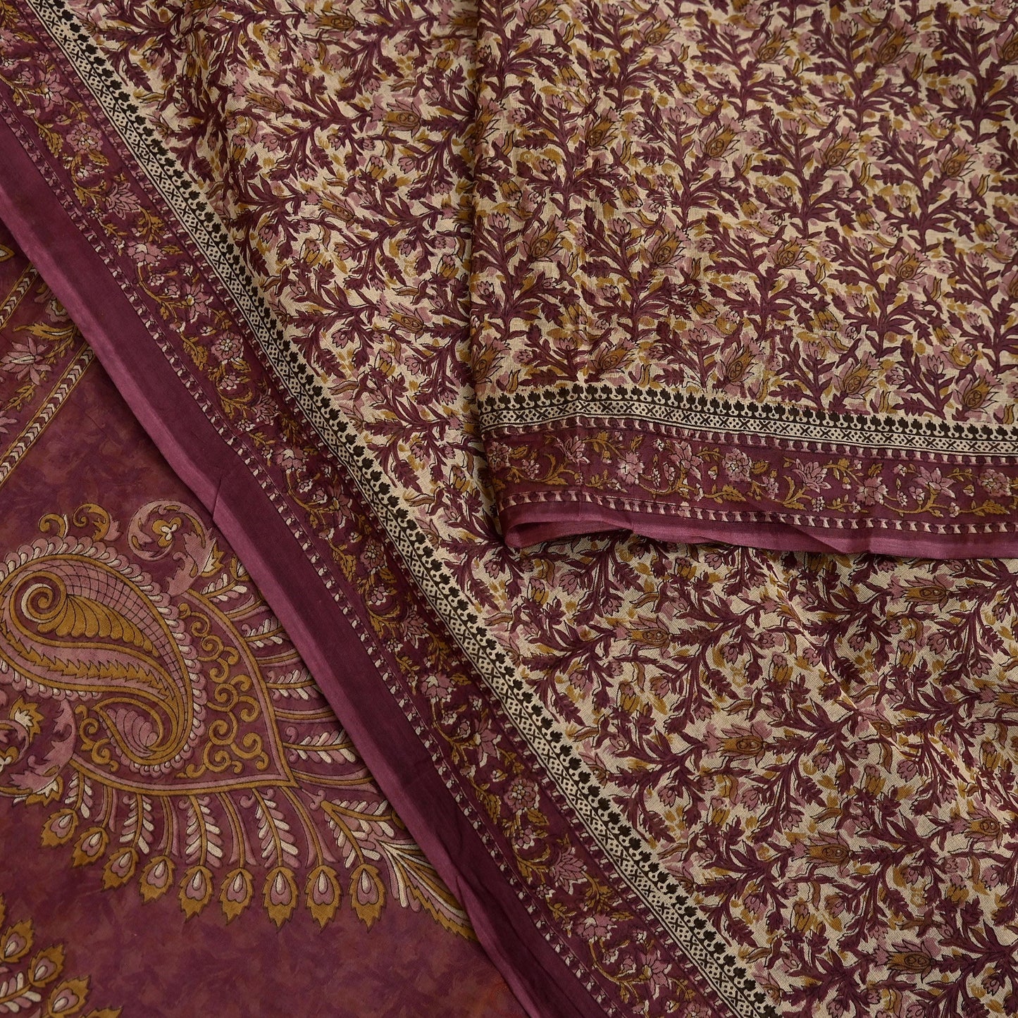 Vintage Maroon Beige Printed Pure Cotton Saree 5 Yard Floral Paisley Fabric Indian Ethnic Textile for Sewing, Dressmaking & Crafts