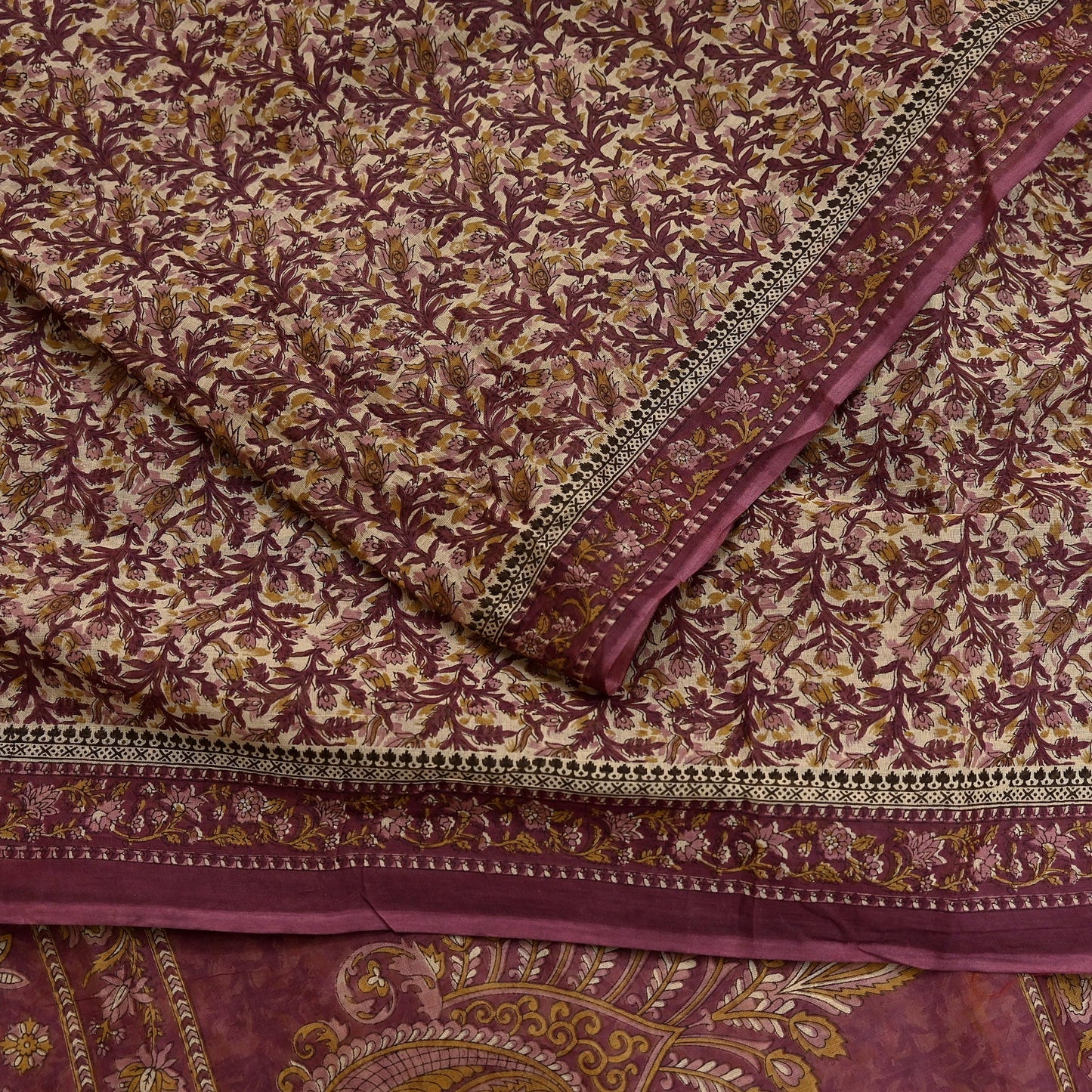Vintage Maroon Beige Printed Pure Cotton Saree 5 Yard Floral Paisley Fabric Indian Ethnic Textile for Sewing, Dressmaking & Crafts