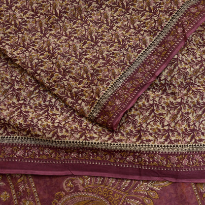 Vintage Maroon Beige Printed Pure Cotton Saree 5 Yard Floral Paisley Fabric Indian Ethnic Textile for Sewing, Dressmaking & Crafts
