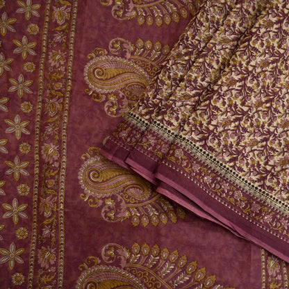 Vintage Maroon Beige Printed Pure Cotton Saree 5 Yard Floral Paisley Fabric Indian Ethnic Textile for Sewing, Dressmaking & Crafts