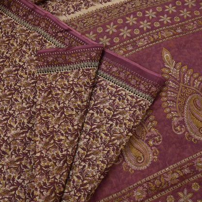 Vintage Maroon Beige Printed Pure Cotton Saree 5 Yard Floral Paisley Fabric Indian Ethnic Textile for Sewing, Dressmaking & Crafts