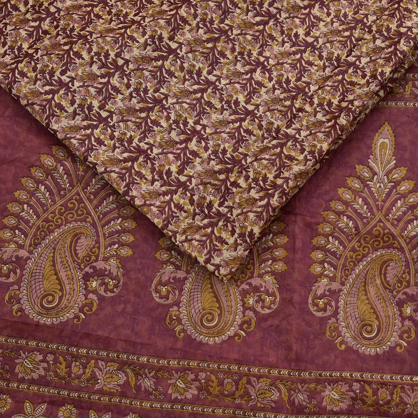 Vintage Maroon Beige Printed Pure Cotton Saree 5 Yard Floral Paisley Fabric Indian Ethnic Textile for Sewing, Dressmaking & Crafts
