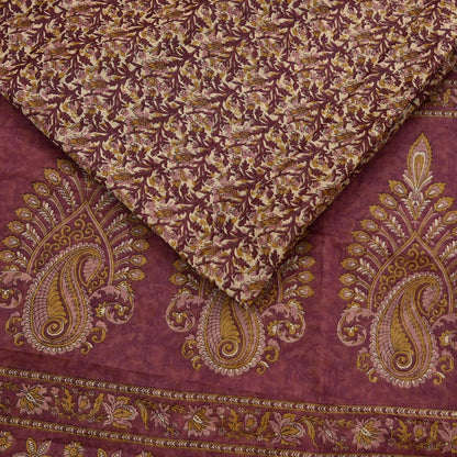 Vintage Maroon Beige Printed Pure Cotton Saree 5 Yard Floral Paisley Fabric Indian Ethnic Textile for Sewing, Dressmaking & Crafts