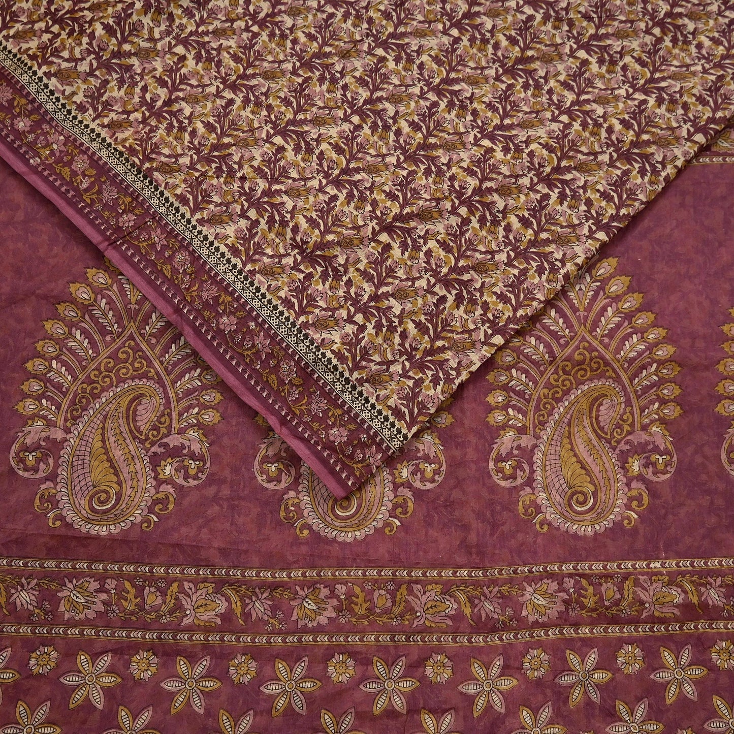 Vintage Maroon Beige Printed Pure Cotton Saree 5 Yard Floral Paisley Fabric Indian Ethnic Textile for Sewing, Dressmaking & Crafts