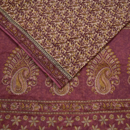 Vintage Maroon Beige Printed Pure Cotton Saree 5 Yard Floral Paisley Fabric Indian Ethnic Textile for Sewing, Dressmaking & Crafts