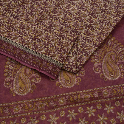 Vintage Maroon Beige Printed Pure Cotton Saree 5 Yard Floral Paisley Fabric Indian Ethnic Textile for Sewing, Dressmaking & Crafts