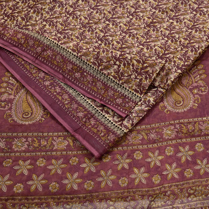 Vintage Maroon Beige Printed Pure Cotton Saree 5 Yard Floral Paisley Fabric Indian Ethnic Textile for Sewing, Dressmaking & Crafts