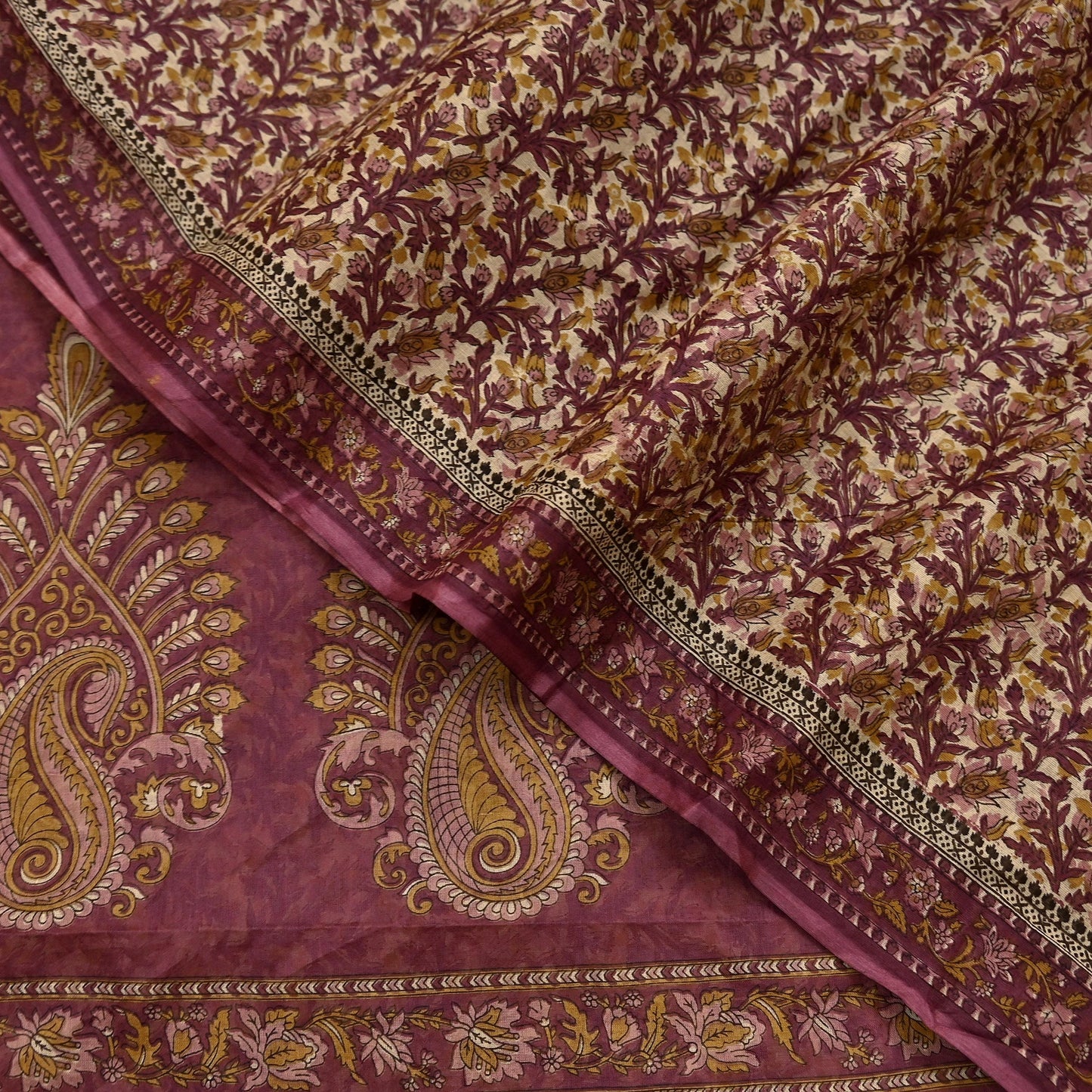 Vintage Maroon Beige Printed Pure Cotton Saree 5 Yard Floral Paisley Fabric Indian Ethnic Textile for Sewing, Dressmaking & Crafts
