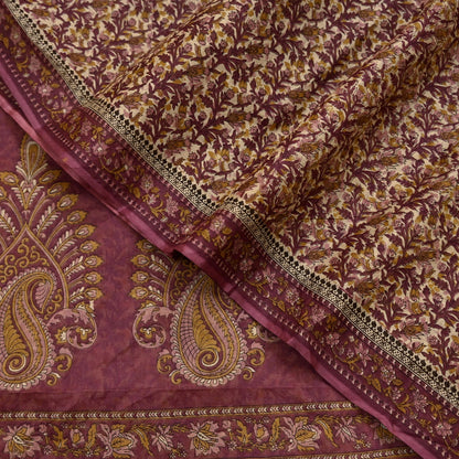 Vintage Maroon Beige Printed Pure Cotton Saree 5 Yard Floral Paisley Fabric Indian Ethnic Textile for Sewing, Dressmaking & Crafts