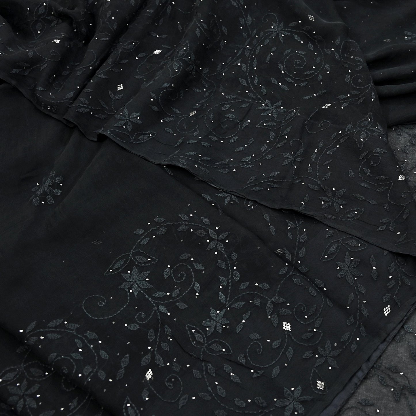 Indian Vintage Black Saree Hand Embroidered Kantha Mukesh Cotton Blend Sari 6 Yard Craft Fabric for Dressmaking, Quilting & Upcycling