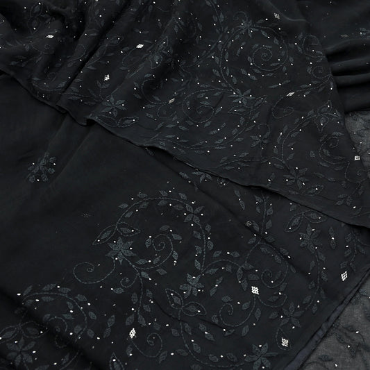 Indian Vintage Black Saree Hand Embroidered Kantha Mukesh Cotton Blend Sari 6 Yard Craft Fabric for Dressmaking, Quilting & Upcycling