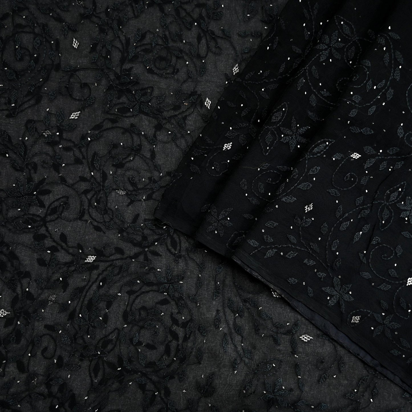 Indian Vintage Black Saree Hand Embroidered Kantha Mukesh Cotton Blend Sari 6 Yard Craft Fabric for Dressmaking, Quilting & Upcycling