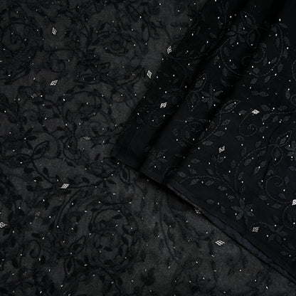 Indian Vintage Black Saree Hand Embroidered Kantha Mukesh Cotton Blend Sari 6 Yard Craft Fabric for Dressmaking, Quilting & Upcycling