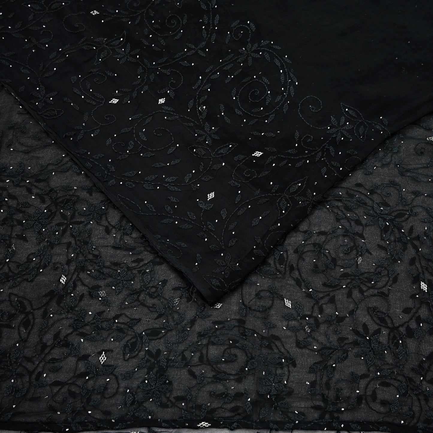Indian Vintage Black Saree Hand Embroidered Kantha Mukesh Cotton Blend Sari 6 Yard Craft Fabric for Dressmaking, Quilting & Upcycling