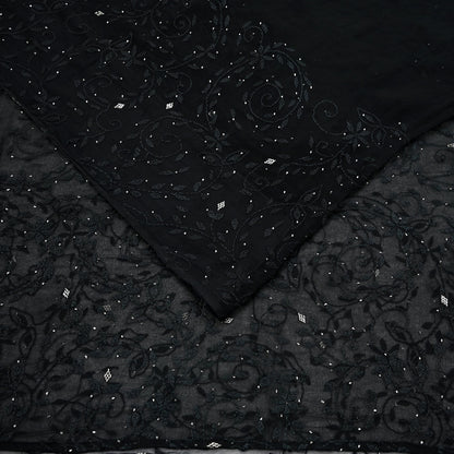 Indian Vintage Black Saree Hand Embroidered Kantha Mukesh Cotton Blend Sari 6 Yard Craft Fabric for Dressmaking, Quilting & Upcycling