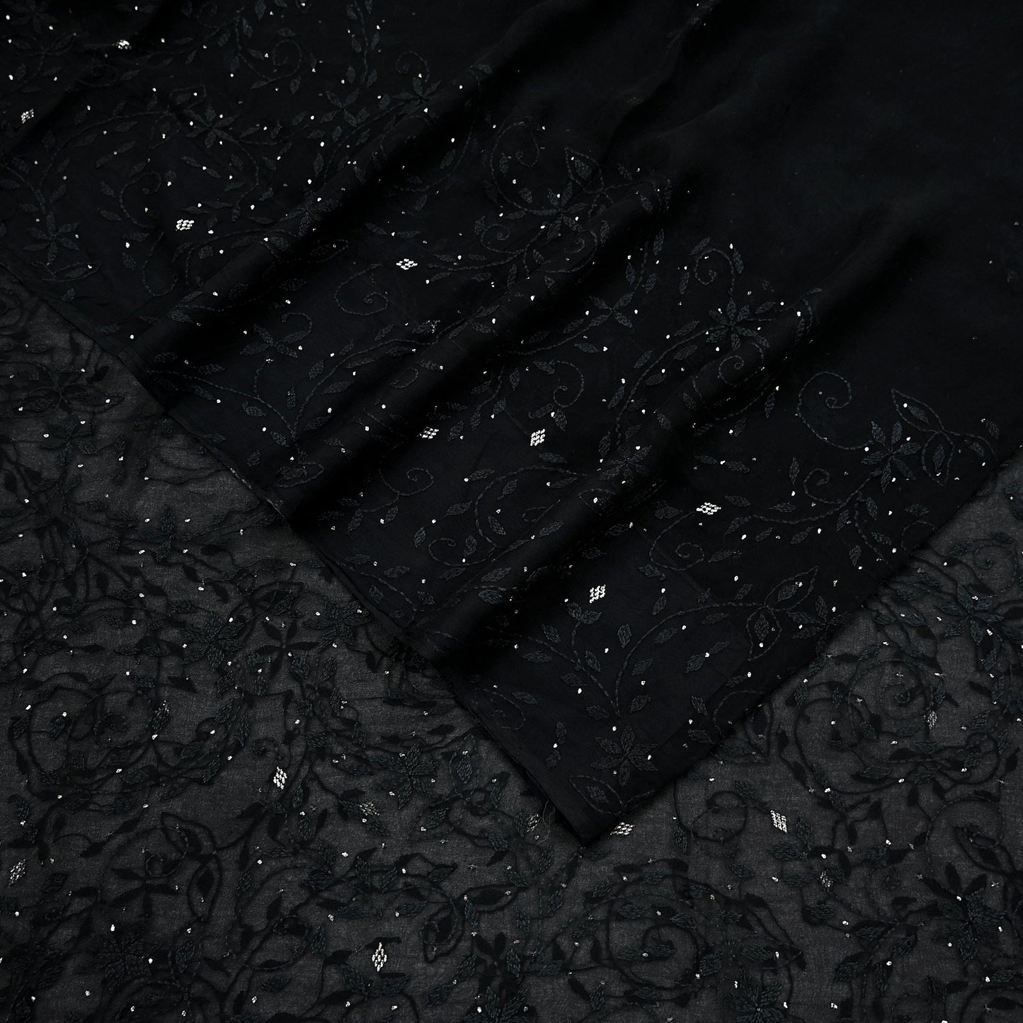 Indian Vintage Black Saree Hand Embroidered Kantha Mukesh Cotton Blend Sari 6 Yard Craft Fabric for Dressmaking, Quilting & Upcycling
