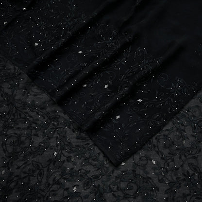 Indian Vintage Black Saree Hand Embroidered Kantha Mukesh Cotton Blend Sari 6 Yard Craft Fabric for Dressmaking, Quilting & Upcycling