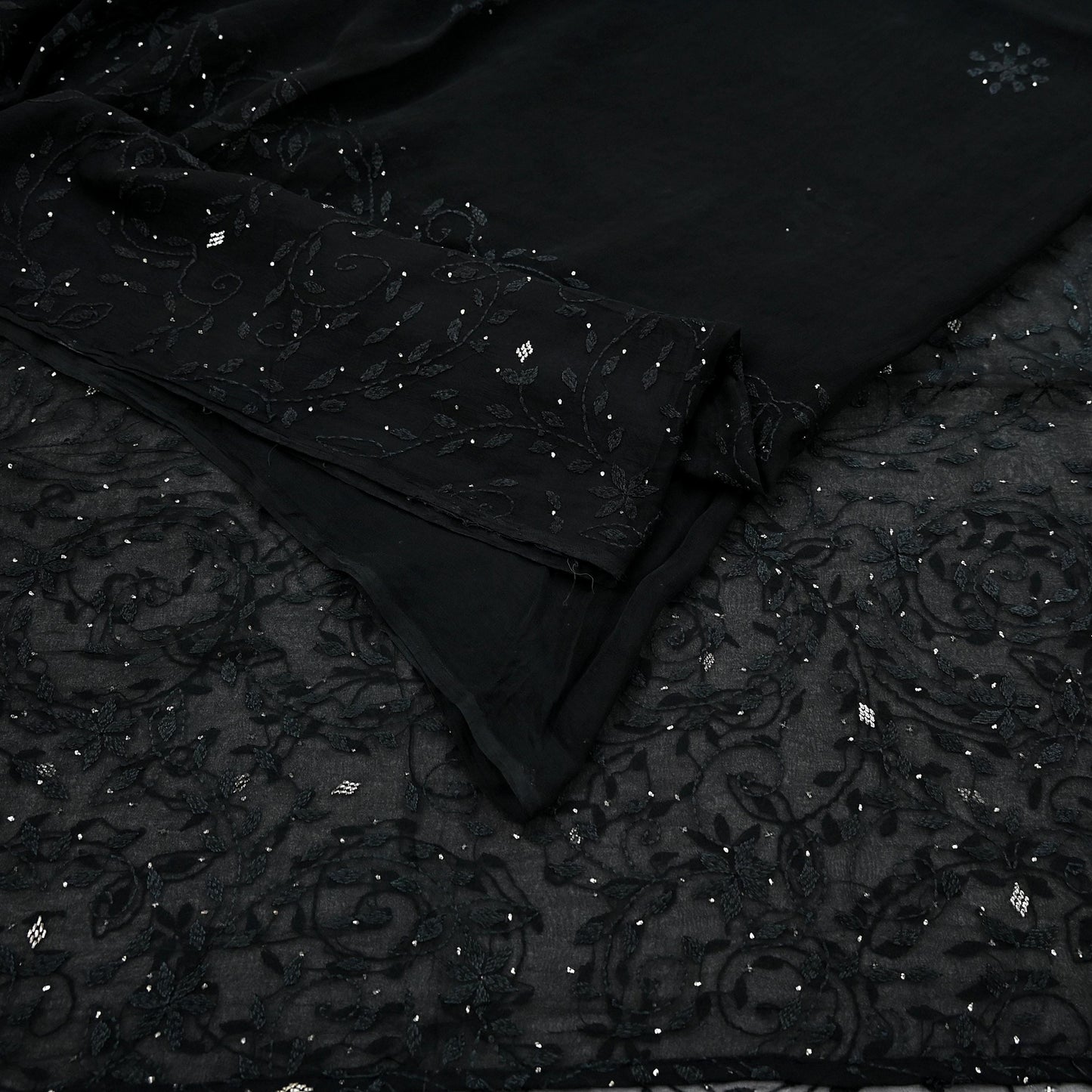 Indian Vintage Black Saree Hand Embroidered Kantha Mukesh Cotton Blend Sari 6 Yard Craft Fabric for Dressmaking, Quilting & Upcycling