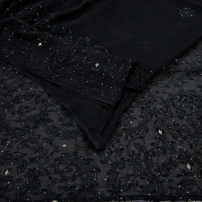Indian Vintage Black Saree Hand Embroidered Kantha Mukesh Cotton Blend Sari 6 Yard Craft Fabric for Dressmaking, Quilting & Upcycling