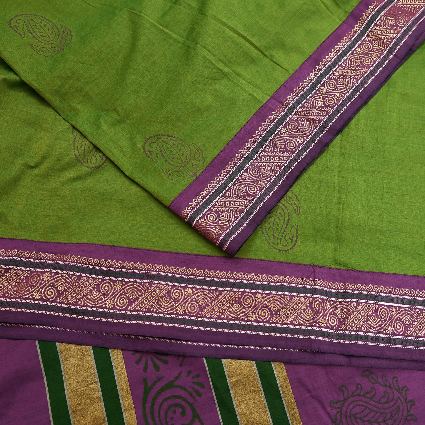 Vintage Green Purple Silk Blend Saree Hand Painted Indian Sari 6 Yard Fabric Craft Sewing Quilting Upcycle Dressmaking Material