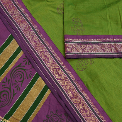 Vintage Green Purple Silk Blend Saree Hand Painted Indian Sari 6 Yard Fabric Craft Sewing Quilting Upcycle Dressmaking Material