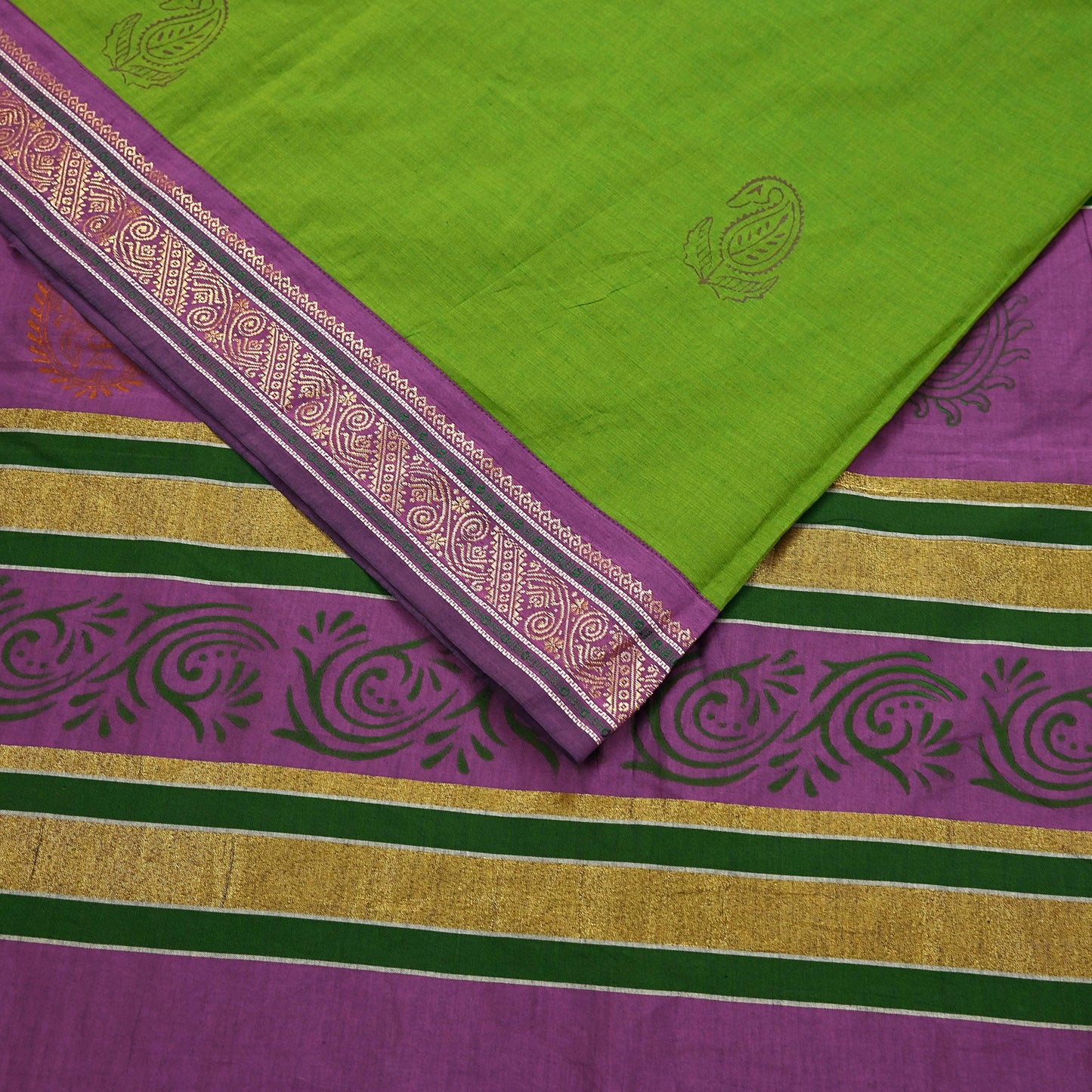 Vintage Green Purple Silk Blend Saree Hand Painted Indian Sari 6 Yard Fabric Craft Sewing Quilting Upcycle Dressmaking Material