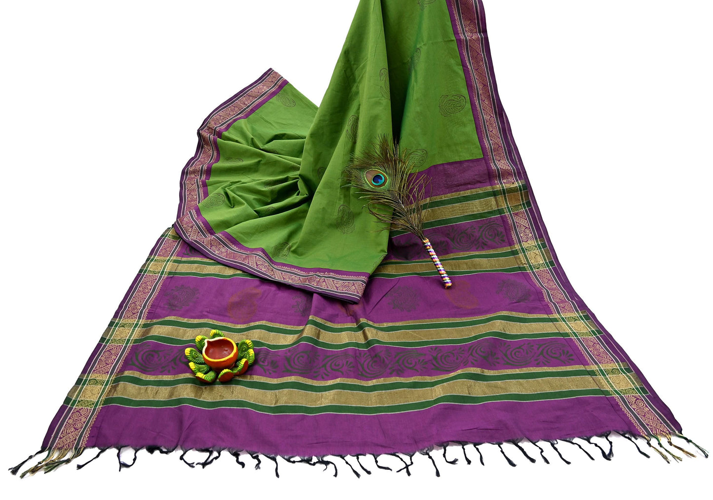 Vintage Green Purple Silk Blend Saree Hand Painted Indian Sari 6 Yard Fabric Craft Sewing Quilting Upcycle Dressmaking Material