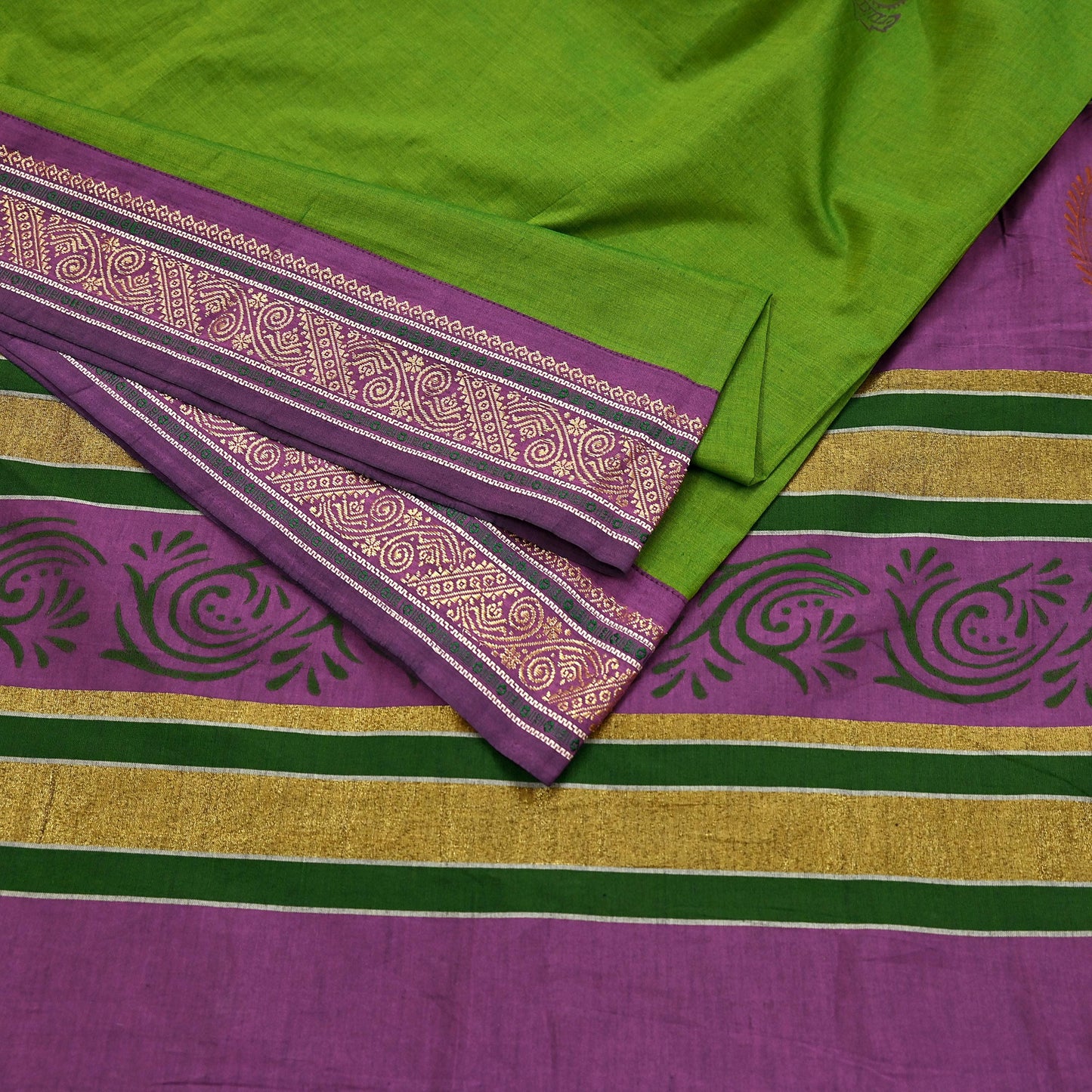 Vintage Green Purple Silk Blend Saree Hand Painted Indian Sari 6 Yard Fabric Craft Sewing Quilting Upcycle Dressmaking Material