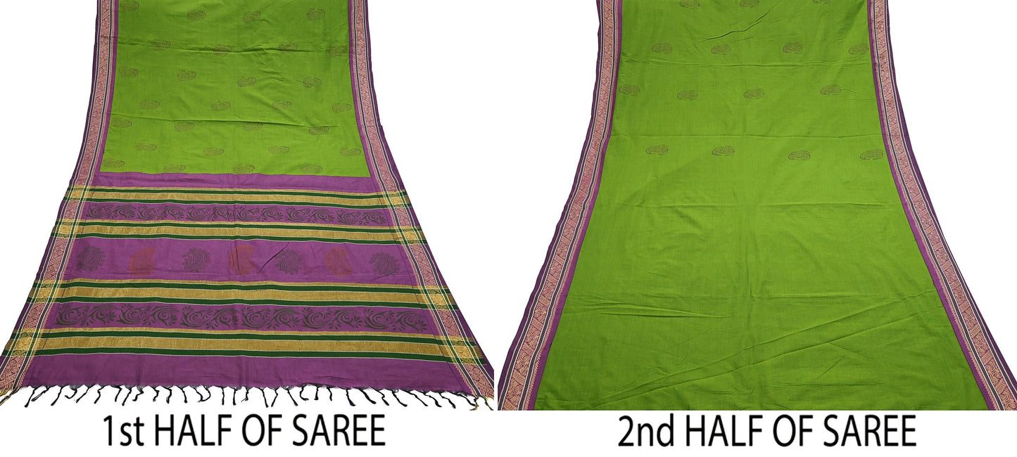 Vintage Green Purple Silk Blend Saree Hand Painted Indian Sari 6 Yard Fabric Craft Sewing Quilting Upcycle Dressmaking Material
