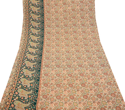 Vintage Beige Digital Printed Saree Floral Artificial Silk Fabric 6 Yards Indian Satin-Like Material for Dressmaking & Quilting Crafts
