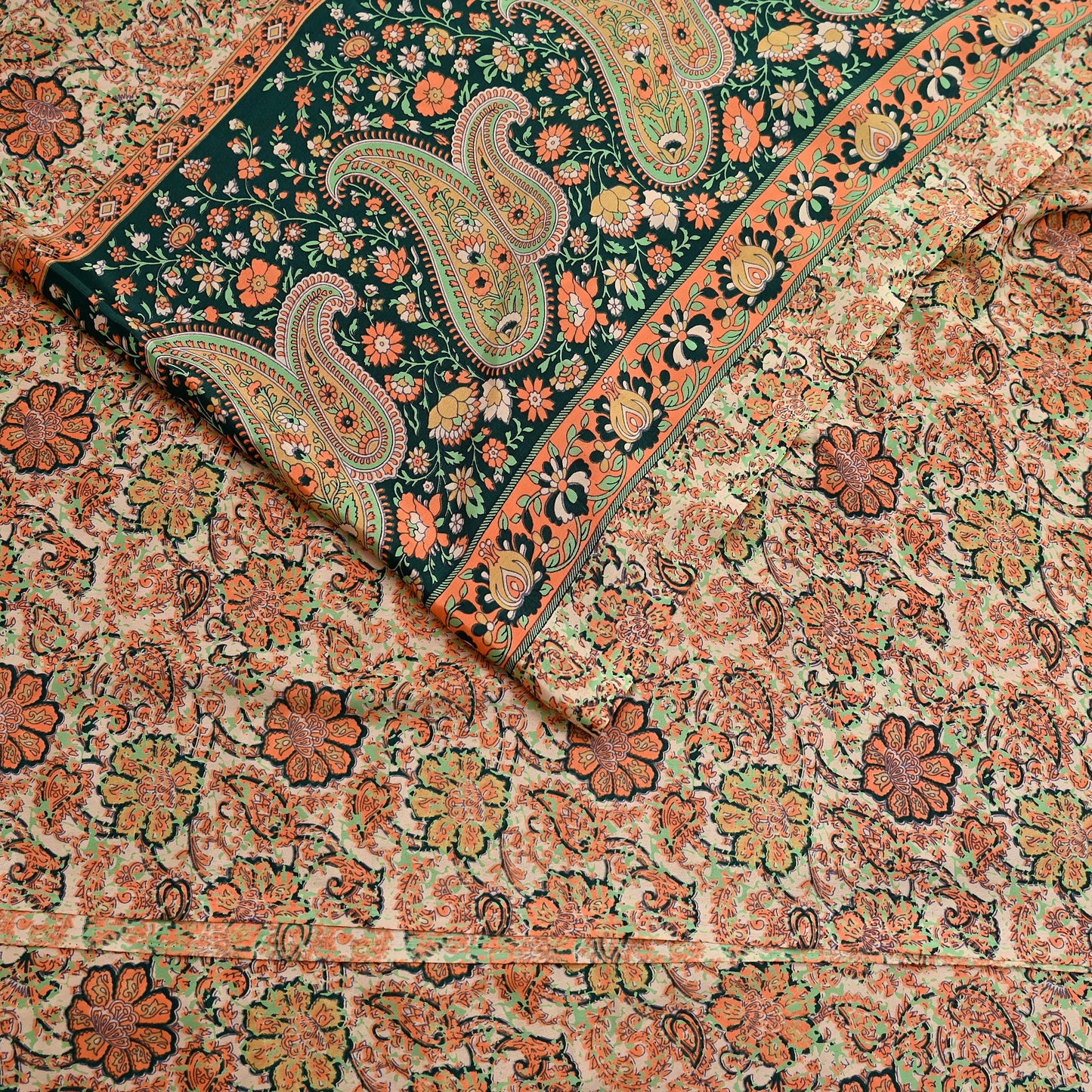 Vintage Beige Digital Printed Saree Floral Artificial Silk Fabric 6 Yards Indian Satin-Like Material for Dressmaking & Quilting Crafts