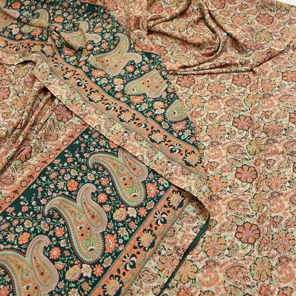 Vintage Beige Digital Printed Saree Floral Artificial Silk Fabric 6 Yards Indian Satin-Like Material for Dressmaking & Quilting Crafts