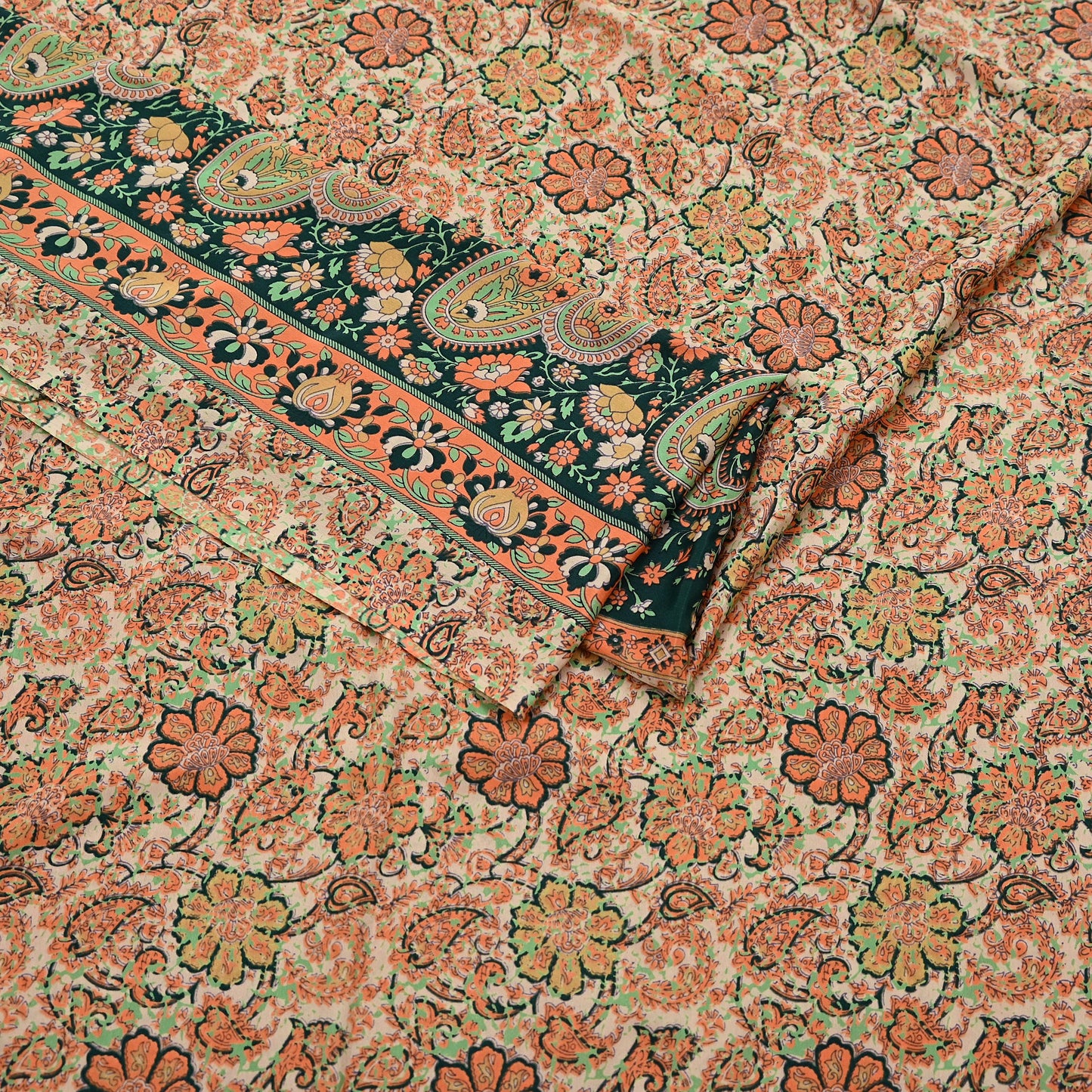 Vintage Beige Digital Printed Saree Floral Artificial Silk Fabric 6 Yards Indian Satin-Like Material for Dressmaking & Quilting Crafts